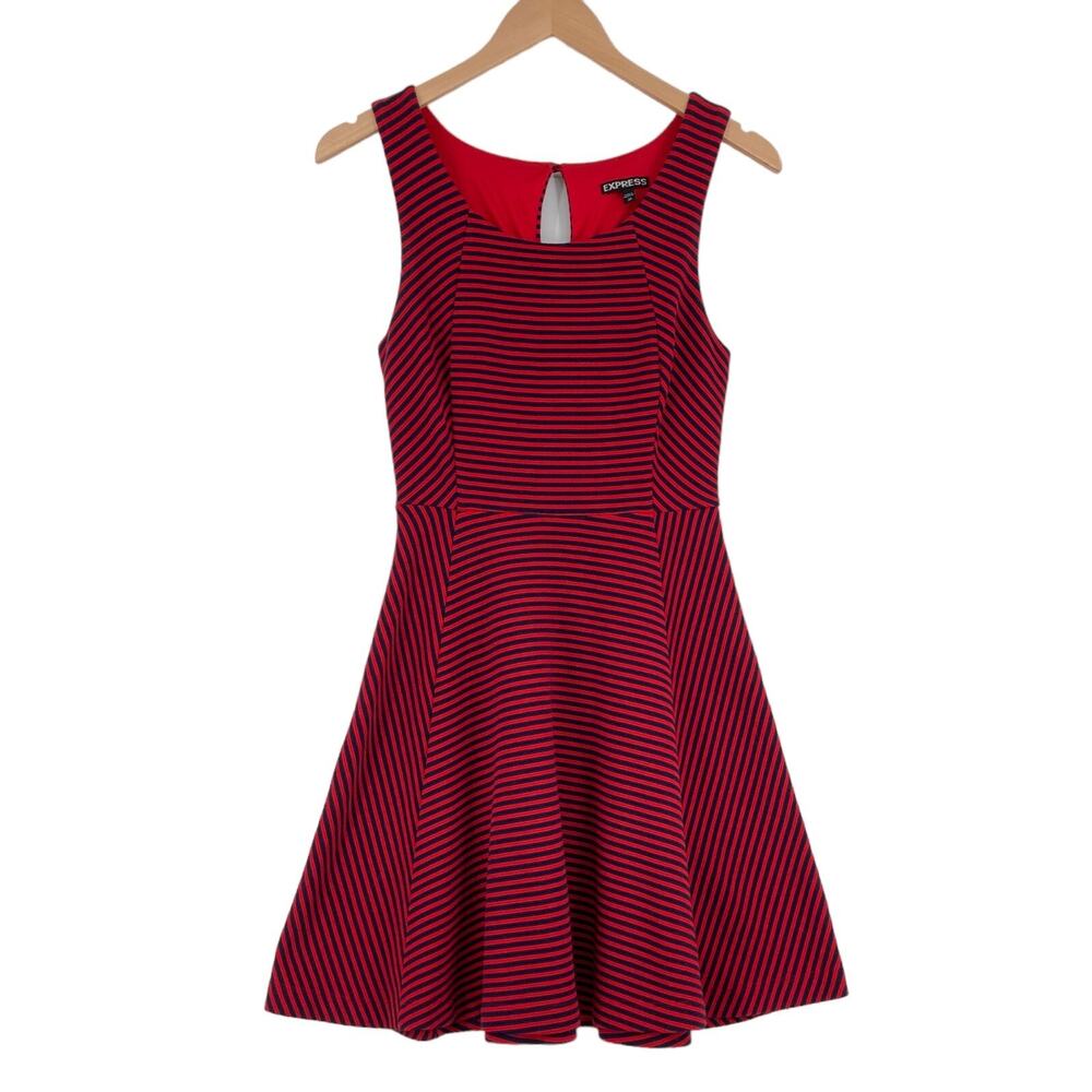 Express Fit & Flare Dress Womens XS Red Navy Striped Round Neck Sleeveless